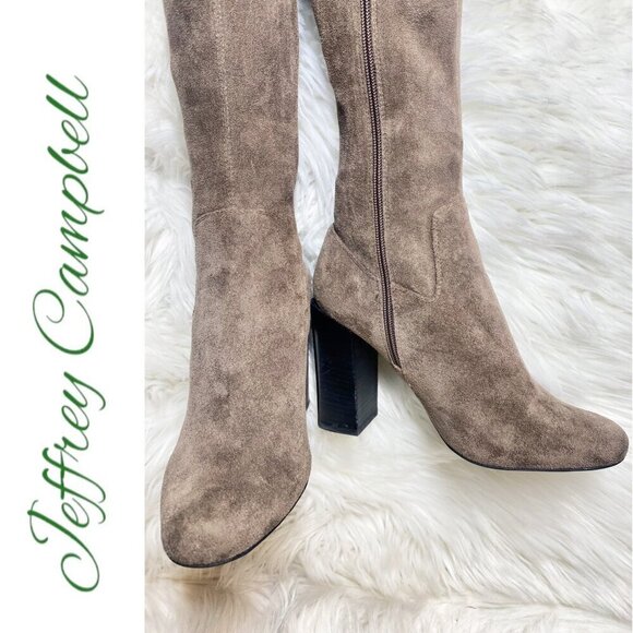 NWT JEFFREY CAMPBELL Perouze Over-The-Knee Faux Suede Block Heel Boots Taupe 8.5 - Picture 7 of 16